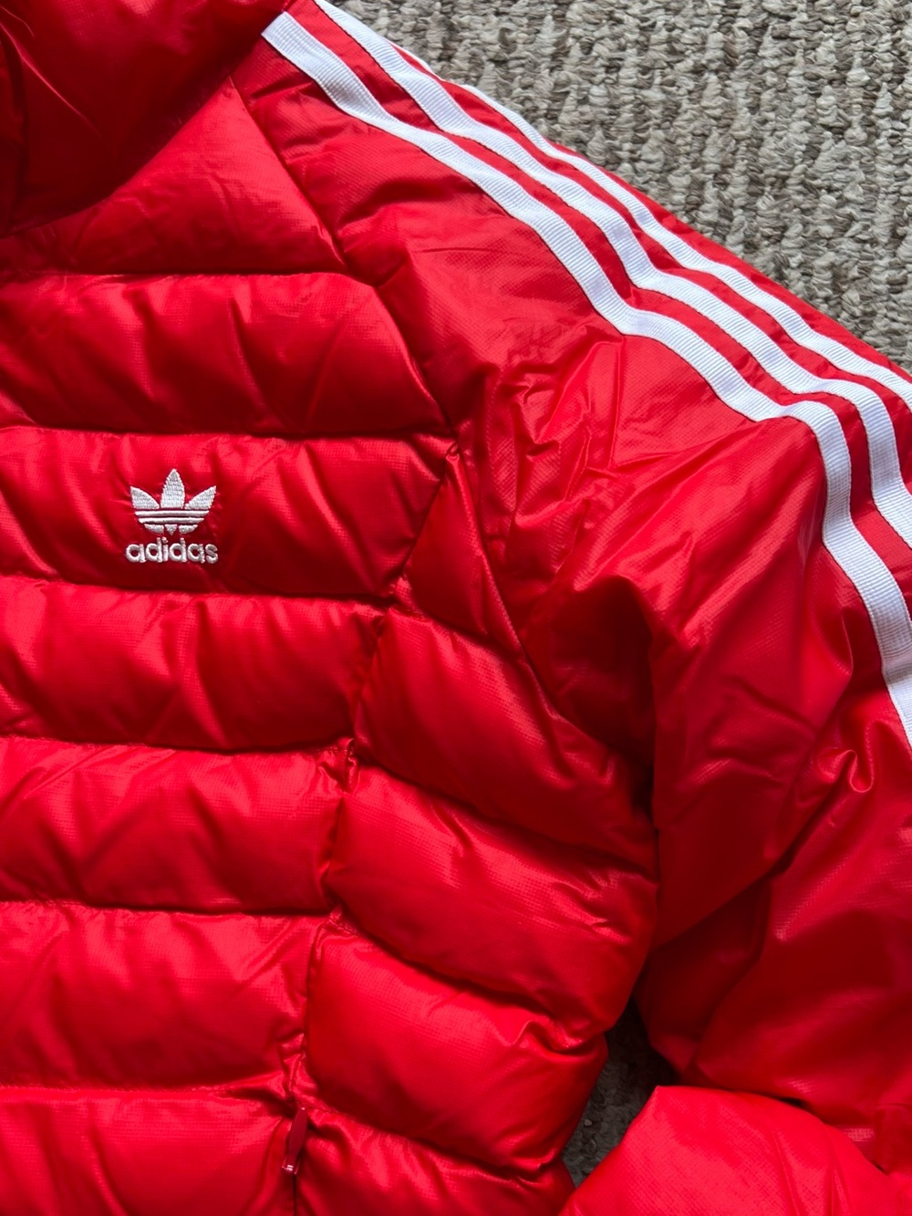 adidas Red Hooded Quilted Jacket with White 3-Stripes - Picture 2 of 4